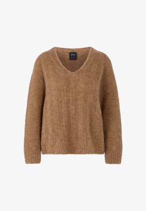 V-Ausschnitt Strickpullover aus weichem, strukturiertem braunem Material. Verfügt über eine lockere Passform und ein geripptes Muster im gesamten Gewebe.