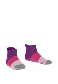 Chaussettes courtes en violet, rose et gris, avec un design en blocs de couleur et des points de grip texturés sur les semelles pour une meilleure adhérence.