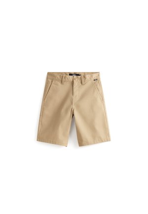 Beżowe szorty z gładkiej bawełnianej tkaniny, wyposażone w boczne kieszenie i zapięcie na guzik, o prostym kroju oraz z małym logo na pasku.