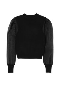 Maglione nero corto con corpo a maglia solida e maniche a sbuffo trasparenti e decorate. Presenta un collo rotondo e polsini a coste.