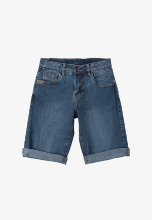 Shorts in denim blu medio con orlo arrotolato, dotati di cinque tasche e chiusura con bottone frontale. Design classico a gamba dritta.