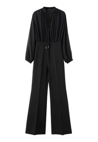 Zwarte jumpsuit met een hoge halslijn, lange mouwen, geplooide bodice en wijde broekspijpen. Voorzien van een trekkoord in de taille en metallic accenten.