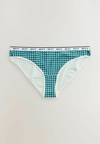 Bikini gaćice s uzorkom karirane u zelenu i bijelu boju, s udobnim pojasom koji sadrži crni "NEXT" logo i kontrastne obrube.