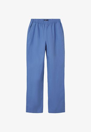 Pantalons bleu clair, à taille élastique, avec poches latérales et coupe décontractée. Tissu lisse avec une coupe droite, adaptés pour une tenue décontractée.