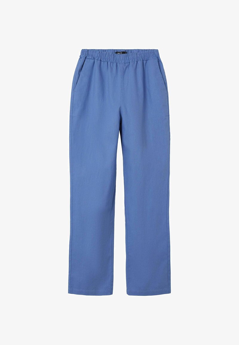 Pantalons bleu clair, à taille élastique, avec poches latérales et coupe décontractée. Tissu lisse avec une coupe droite, adaptés pour une tenue décontractée.