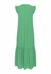 Zelena obleka do kolen, narejena iz lahkotnega materiala, z nabrano kapico in nabrano večplastno obrobjo za dodano teksturo in oblikovno podrobnost.