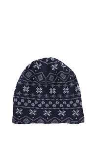 Cappello lavorato a maglia in blu navy scuro con motivi geometrici e fiocchi di neve bianchi, caratterizzato da un orlo arrotolato e un piccolo etichetta con il logo sul lato.