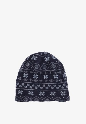 Strickmütze in Dunkelblau mit weißen Schneeflocken- und geometrischen Mustern, mit umgeschlagenem Saum und einem kleinen Markenetikett an der Seite.