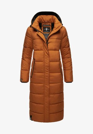 Dug draperi u izglasu izgorenog narančaste boje s unutrašnjošću u crnoj boji. Ima kapuljaču, zatvaranje na patentni zatvarač i dva bočna džepa s crnim obrubima.