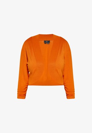 Cardigan scurt portocalie, cu decolteu adânc în V, mâneci lungi și detalii plisate. Realizată dintr-un material moale și elastic pentru un fit confortabil.