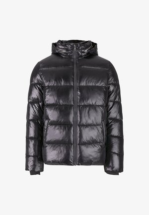 Schwarze Pufferjacke mit Kapuze, glänzender Oberfläche, gestepptem Design, mit Reißverschluss vorne und elastischen Bündchen. Leicht und isoliert.