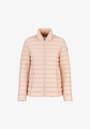 Giacca imbottita rosa chiaro con colletto alto, motivo a righe orizzontali, chiusura frontale con zip e maniche lunghe. Texture liscia e design leggero.