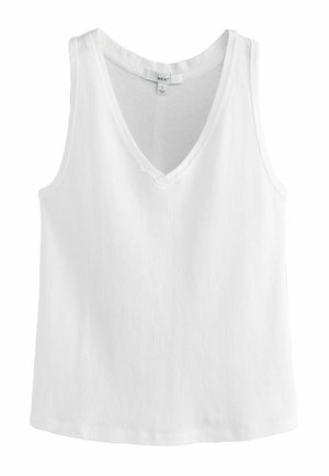 Bijela bezrukavka s V-izrezom i prošivenim obrubom, veličina mala, jednobojna sprijeda, izrađena od lagane tkanine.