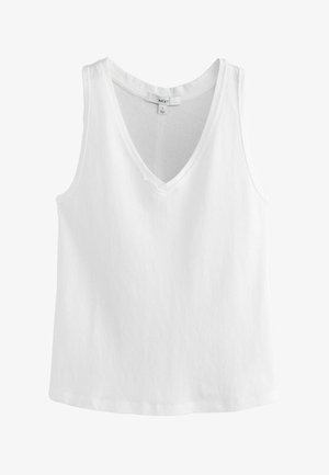 Bijela bezrukavka s V-izrezom i prošivenim obrubom, veličina mala, jednobojna sprijeda, izrađena od lagane tkanine.