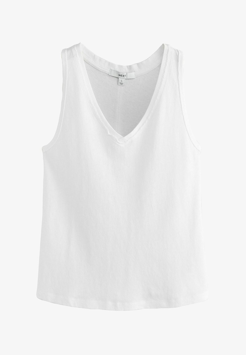 Haut blanc sans manches avec col en V et bordure cousue, taille petit, devant uni, en tissu léger.