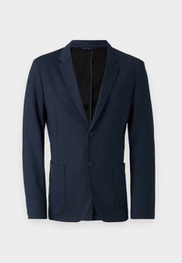 Navy blue blazer made of textured fabric, featuring a notched lapel, two buttons, and two front pockets. Open at the front.