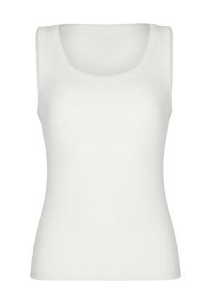 Débardeur blanc uni sans manches avec un col rond et une coupe ajustée, présenté sur un fond blanc.