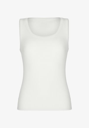 Débardeur blanc uni sans manches avec un col rond et une coupe ajustée, présenté sur un fond blanc.