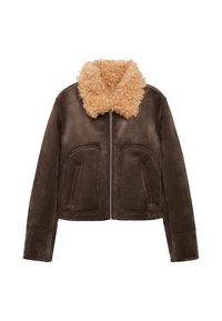 Jachetă din piele de oaie maro cu un guler de blană bej curly. Are buzunare în față și un sistem de închidere cu fermoar. Textură netedă, design scurt și mâneci lungi.