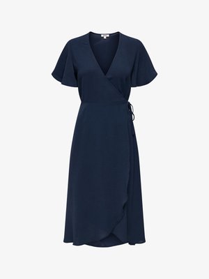 Tumesinine ümbriskleit lühikeste lendlevate varrukatega, V-kaelusega ning külje peal sõlmega detailiga, millel on midi-pikkusega asümmeetriline serv.