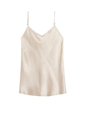 Beige sidentopp med justerbara spaghettiställ, V-ringning och en flödande silhuett, med slät textur och subtil skimmer.