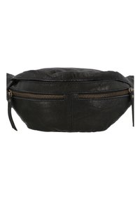 Schwarze Leder-Gürteltasche mit einer vorderen Reißverschlusstasche und verstellbarem Riemen vor weißem Hintergrund.