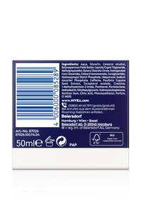 Blaue und weiße rechteckige Verpackung mit mattem Finish. Enthält Zutatenliste und Markenlogo. Größe: 50 ml. Druck mit recyclingfähigen Symbolen.