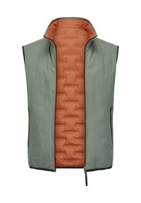 Padded vest with a green outer fabric and orange inner lining, featuring a high collar, front zipper, and side pockets.