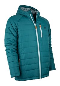 Giacca isolante teal con zip frontale, cappuccio e motivo a quadretti orizzontali; presenta dettagli blu chiaro sulla cerniera e logo.