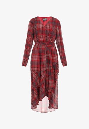 Červené kárované zavinovací šaty s dlouhými rukávy, staženým pasem, stupňovitou asymetrickou spodní částí a lehkým materiálem s jemnou texturou.