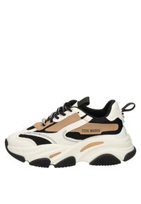 Sneaker chunky con un design bianco, nero e beige. Presentano materiali in rete e sintetici, lacci prominenti e suola in gomma testurizzata.