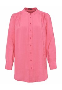 Pink long-sleeve shirt with a high collar, button front, slight gathering at shoulders, and a straight, relaxed fit. Smooth texture.