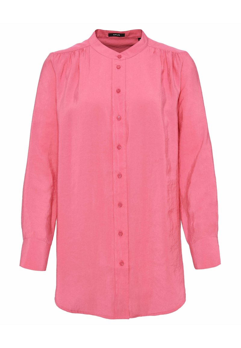 Pink long-sleeve shirt with a high collar, button front, slight gathering at shoulders, and a straight, relaxed fit. Smooth texture.