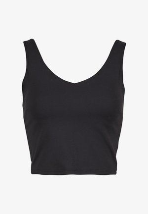 Svart, kort topp laget av stretchbomull, med bred utringning og tettsittende design, med glatt tekstur og ingen dekorasjoner.