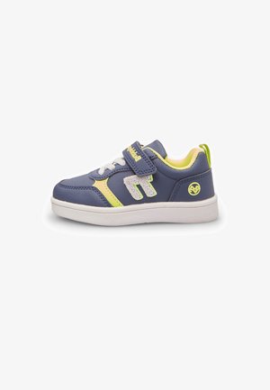Blue synthetic sneaker with white sole, yellow accents, and textured sides. Features Velcro strap and round logo detail on the heel.