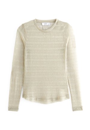 Pull beige à manches longues en maille avec de subtiles rayures horizontales texturées et un col rond, posé à plat sur un fond blanc.