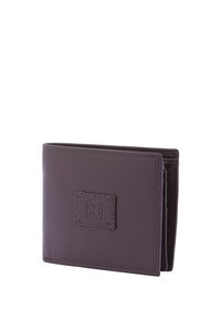 Portafoglio in pelle marrone con un patch logo quadrato, design a portafoglio pieghevole, cuciture visibili e diversi slot per carte. Finitura testurizzata.