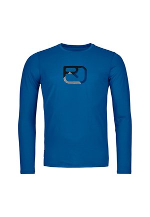 Long-sleeve blue shirt made of smooth fabric featuring a black and gray logo design in the center. Crew neckline and fitted sleeves.