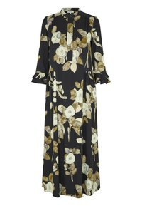 Garas melnas kleitas ar krēmkrāsas un olīvzaļas ziedu rakstu, kurai ir pogāta apkakle, volānveida aproces un plūstošs dizains. Viegls audums.