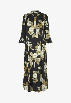 Vestido largo negro con estampado floral en crema y oliva, con cuello abotonado, puños con volantes y diseño fluido. Tela ligera.