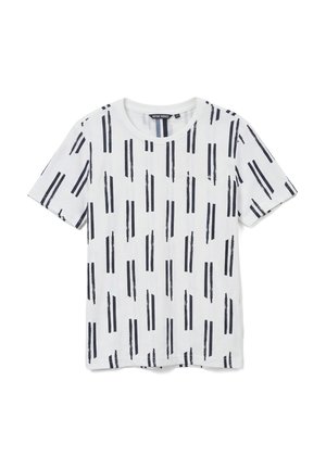 T-shirt bianca a maniche corte con collo rotondo e motivi neri verticali a pennellate uniformemente distribuiti sul tessuto.