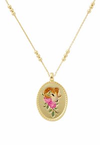 Gold pendant necklace featuring an oval charm with a ram's head and pink floral design on a white background.
