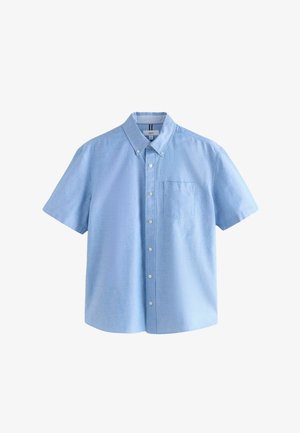 Himmelblaues kurzärmeliges Button-Down-Shirt aus gewebtem Stoff, mit einem spitzen Kragen, einer Brusttasche und einem geraden Saum.