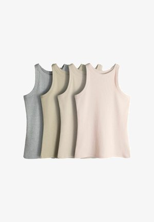 Conjunto de cuatro camisetas sin mangas acanaladas en gris, oliva, beige y rosa claro, dispuestas superpuestas sobre un fondo blanco.