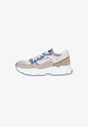 White, beige, and blue sneaker with thick sole, decorative rhinestones, white laces, and textured panels on a plain background.