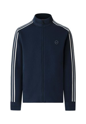 Chaqueta azul marino con cierre de cremallera, cuello alto, rayas blancas en los costados y un pequeño logo de la marca en el pecho, confeccionada en suave poliéster.