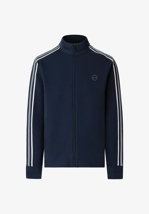 Veste zippée bleu marine avec col montant, rayures blanches sur les côtés et petit logo de marque sur la poitrine, fabriquée en polyester doux.