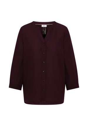 Ciemnofioletowa, długorękawowa bluzka na guziki z dekoltem w serek i bez kołnierzyka, wykonana z lnu.
