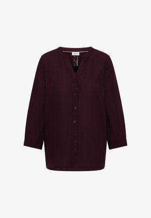 Donkerpaarse blouse met lange mouwen en knopen, met V-hals en kraagloos ontwerp, gemaakt van linnen stof.