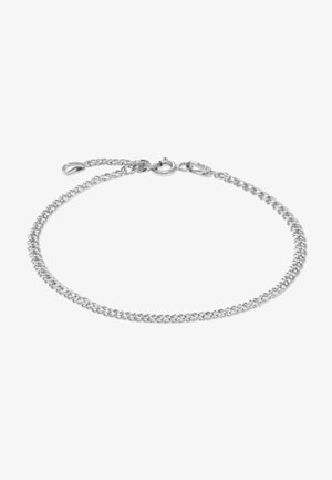 Bracciale in argento con design intrecciato, dotato di chiusura a molla e catena regolabile per variare la lunghezza. Finitura liscia e lucida.